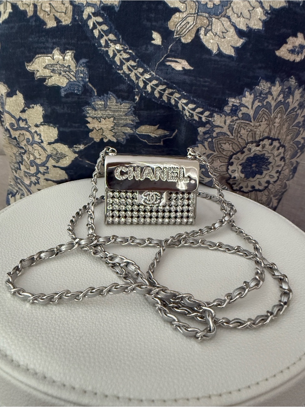 CHANEL Silver Crystal-Embellished Mini Chain Bag / accessory